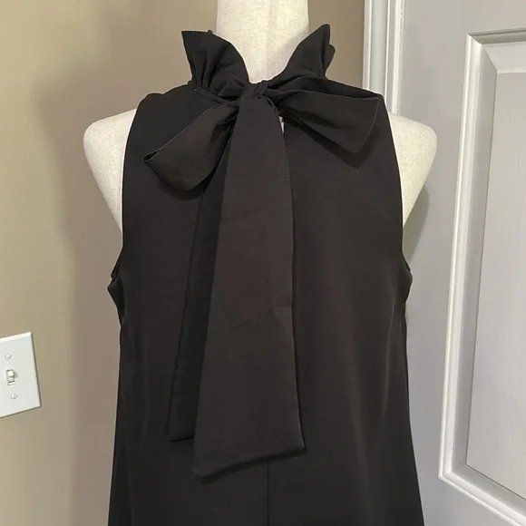 Umgee Ruffle Neck A-line Sleeveless Mini Dress with Bow Tie in Black - Picture 5 of 8